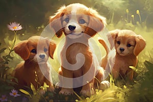 Three golden retriever puppies and a small kitten sitting on the floor Ai generative