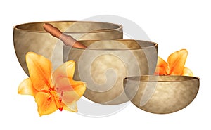 Three golden Tibetan singing bowls with flowers isolated on white background