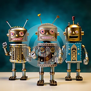 Three golden vintage Toy Robots in a row