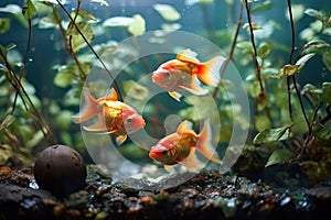 Three Goldfish in Aquarium Facing Forward