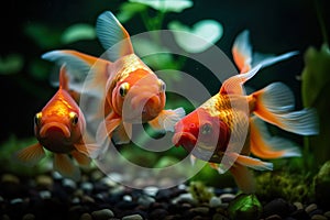 Three Goldfish in Aquarium Facing Forward