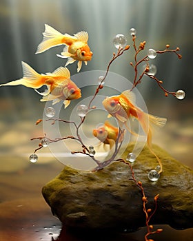 Three Goldfish in Aquarium Facing Forward