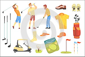 Three Golfers Playing Golf Surrounded By Sport Equipment And Game Attributes Cartoon Vector Illustration.