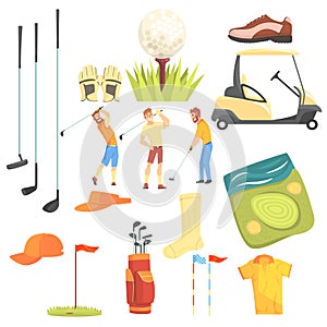 Three Golfers Playing Golf Surrounded By Sport Equipment And Game Attributes Cartoon Vector Illustration.