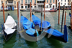 Three gondolas docked in a row in Venice, Italy