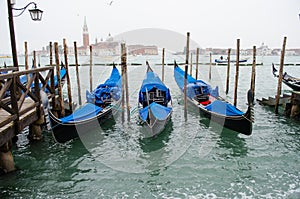 Three gondolas in Venice on the Grand Canal, Italy.