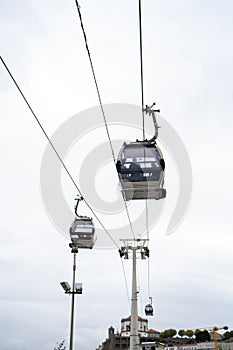Three gondolas of the Vilanova de Gaia cable car suspended on the hanging steel cables descending and ascending under a cloudy photo