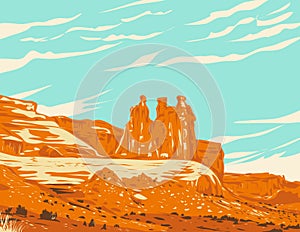 Three Gossips Within Courthouse Towers Cluster in Arches National Park Utah WPA Poster Art