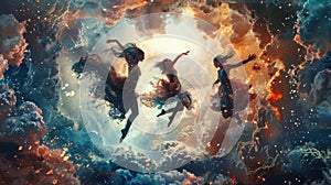 Three graceful women dance through a surreal dreamscape of swirling clouds photo