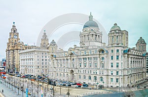 Three Graces buildings in Liverpool, England