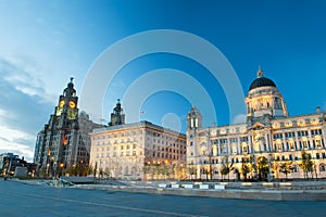 Three Graces, buildings on Liverpool's waterfront at night photo