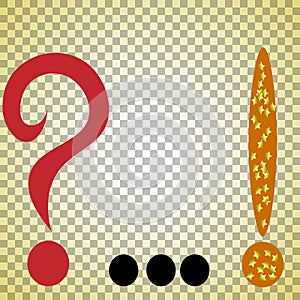 three grammatical signs - a red question mark, a black ellipsis, and an orange golden exclamation mark
