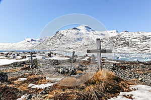 Three graves. Abandoned cemetery in Qoornoq - former fishermen v