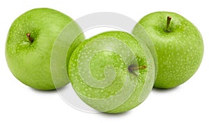 Three green apples isolated on white background. clipping path