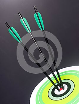 Three Green Black Archery Arrows Hit Round Target Bullseye Center