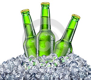 Three green bottles of beer with drops in the ice cubes isolated on a white background