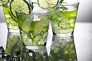 Three green cocktails with lime and rosemary standing on glass in studio, gray background