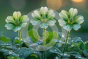 Three Green Flowers With Water Droplets. Generative AI