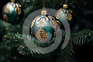 three green and gold christmas ornaments hanging from a christmas tree