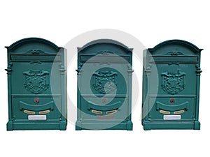 Three green mailboxes isolated on white background