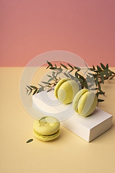 Three green pistachio macaroons cakes on a white gift box with b