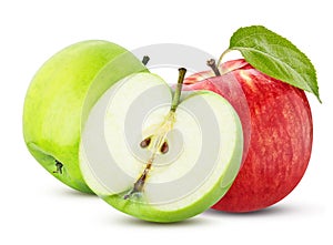 Three green red apple sliced isolated on a white background