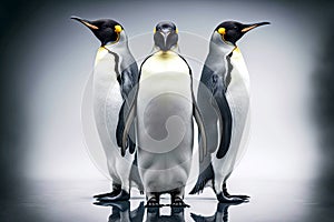 Three grey emperor penguins with white belly stand in snow and turn their heads to sides