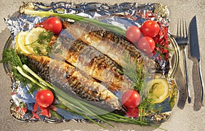 Three grilled scomber on a tray with foil photo