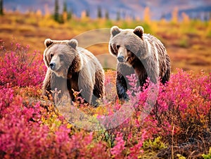 Three grizzly bears in tundra  Made With Generative AI illustration