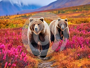 Three grizzly bears in tundra  Made With Generative AI illustration