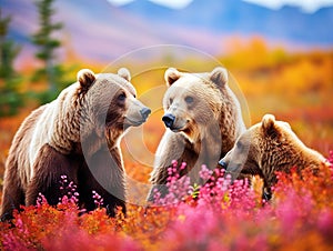 Three grizzly bears in tundra  Made With Generative AI illustration