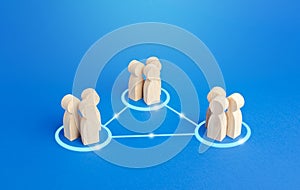 Three groups of people are connected by lines. Cooperation and collaboration, job sharing distribution and globalization.