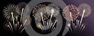 Three groups of realistic fireworks isolated on transparent background. Vector illustration.