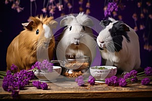 three guinea pigs eating together from a feeder