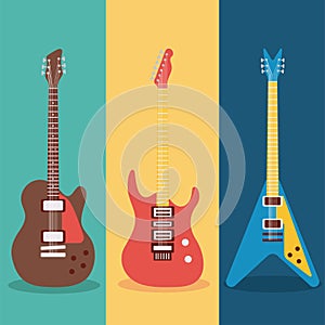 three guitars instruments musicals set icons in colors backgrounds