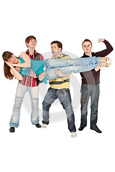 Three guys carrying sleeping pretty girl photo