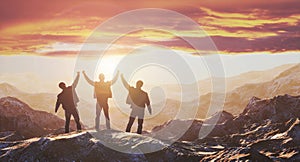 Three guys meet the dawn on the top of the mountain. 3d rendering