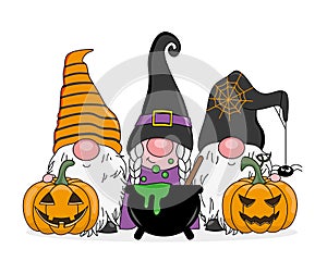 Three halloween gnomes with pumpkins and witch potion. photo