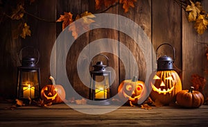 Three Halloween pumpkins and burning lanterns with candles on a wooden background. Halloween content.