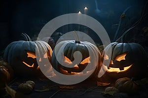 Three halloween pumpkins glowing in the dark