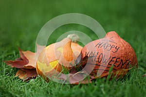 Three Halloween pumpkins on green grass