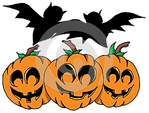 Three Halloween Pumpkins Hanging Out With their Bat Buddies