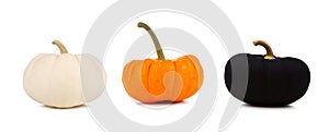Three Halloween pumpkins, white, orange and black, isolated on white