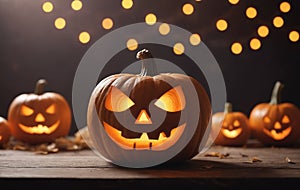 Three Halloween pumpkins on table, carved into jackolanterns