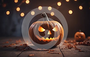 Three Halloween pumpkins on table, carved into jackolanterns