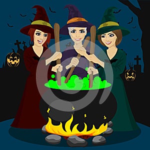 Three halloween young witches making potion