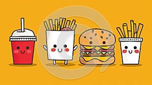 Three hamburgers, fries and a drink are drawn in cartoon style, AI