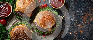 Three Hamburgers With Ketchup on a Table