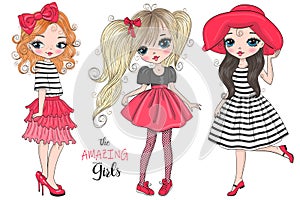 Three hand drawn beautiful cute amazing girls.