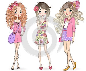 Three hand drawn beautiful cute cartoon summer girls.
